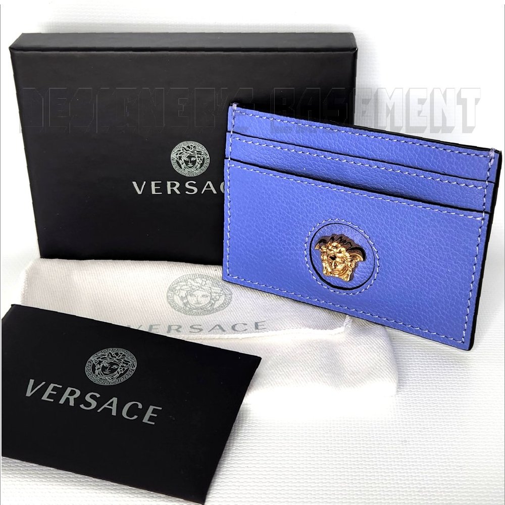 VERSACE violet gold La MEDUSA gold Logo embossed Leather Card Case hold wallet